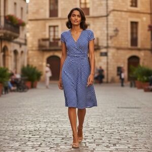 Boden Lola Jersey Knit Size Petite 6 Blue & White Stretchy V-Neck Everyday Dress